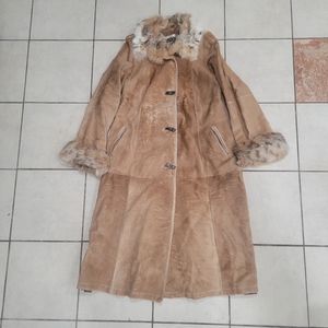Vintage 70s Grizzly Leather Duster Coyote Trim Southwest Long Coat Small